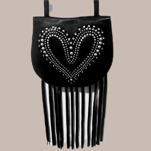 LEATHEROCK Rhinestone Studded Heart BLK Ltr Messenger-NWOT - Picture 2 of 9
